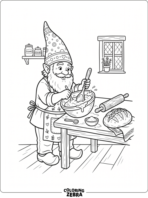 A gnome baking with dough, a loaf, and a rolling pin