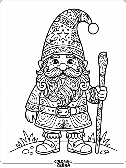 An ornate gnome with patterned beard and hat