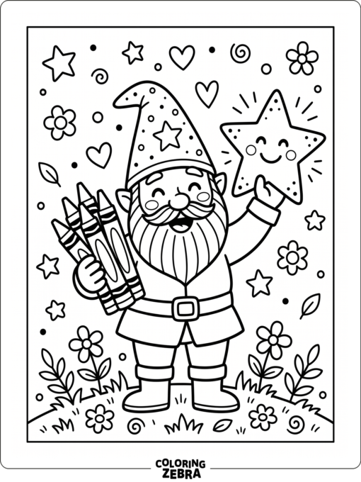 A happy gnome holding crayons and a star