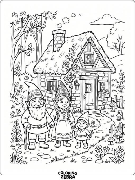 A gnome family standing together near a tiny house