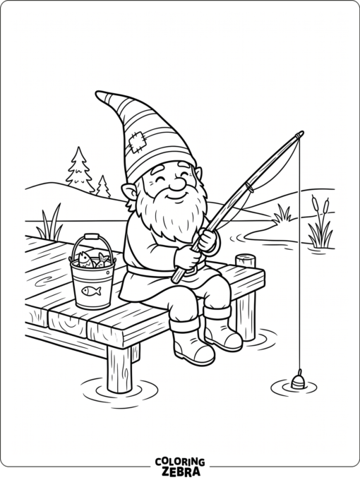A gnome fishing from a dock with a bucket nearby