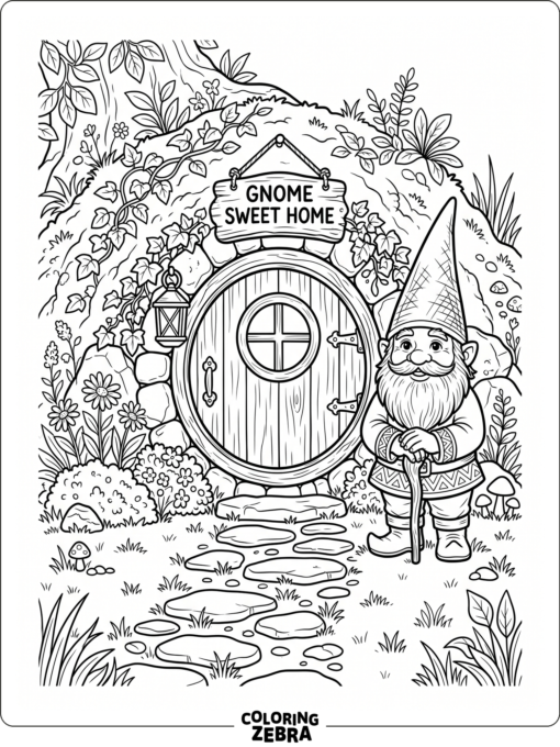 A gnome outside a tiny house door