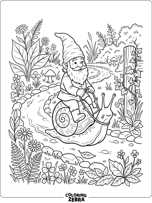 A gnome riding a snail along a garden path