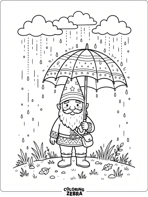 A gnome under an umbrella in a light rain shower