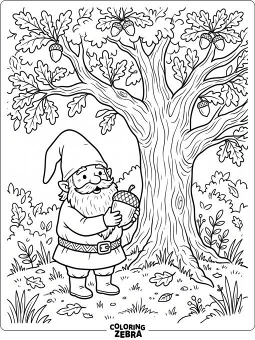 A gnome holding an acorn near an oak tree