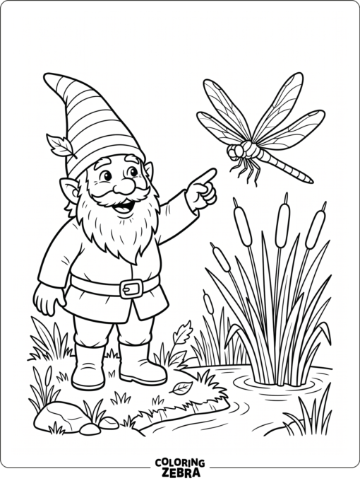 A gnome watching a dragonfly over tall reeds