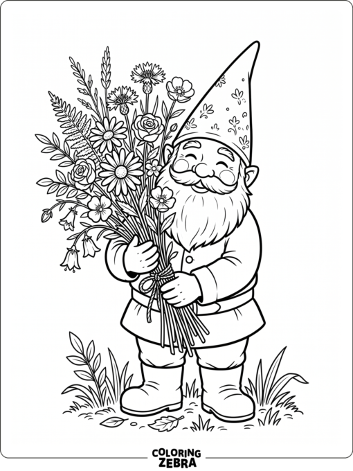 A gnome holding a bouquet of wildflowers