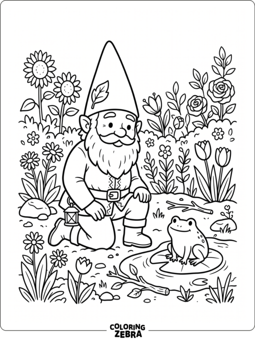 A gnome kneeling next to a frog in a garden
