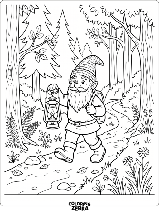 A gnome walking with a lantern on a forest path