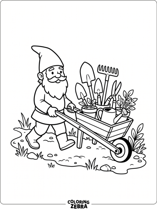 A gnome pushing a wheelbarrow with garden tools