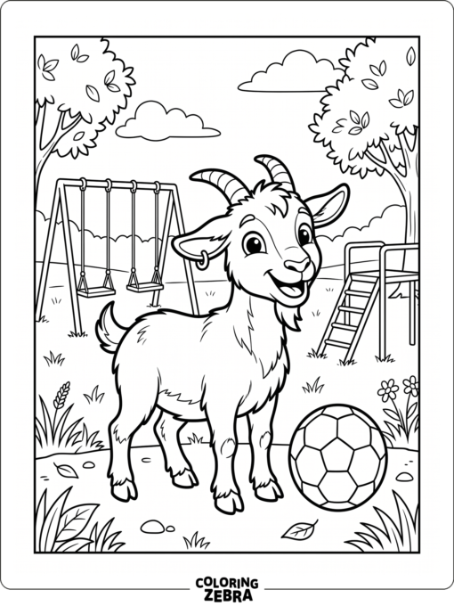 A smiling goat with a ball in a simple scene