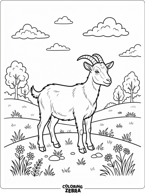A goat standing in a meadow with clouds