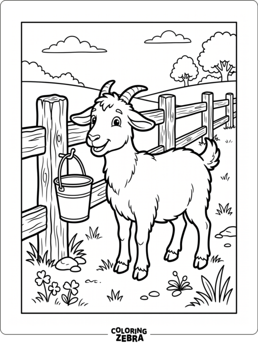 A friendly goat near a fence and bucket