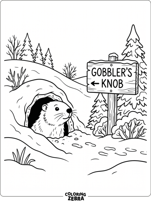 Groundhog peeking near a sign on a snowy hill