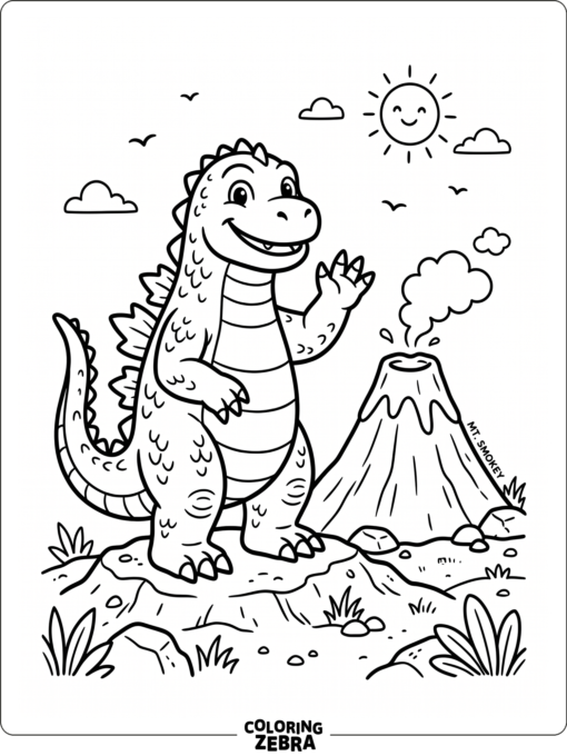 A friendly Godzilla waving near a volcano