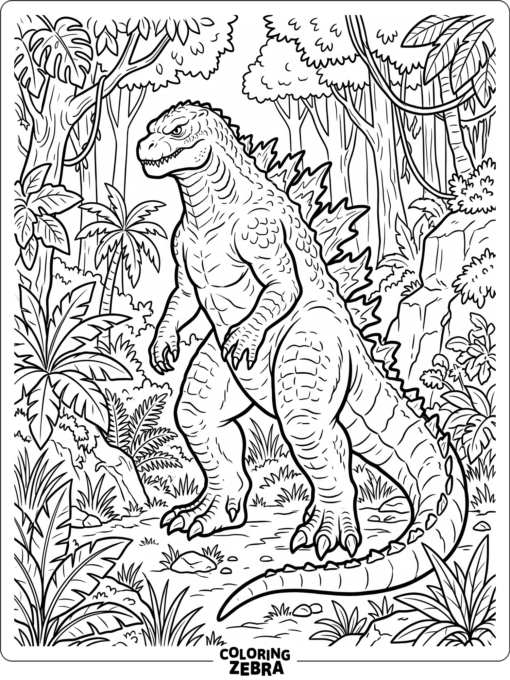 Godzilla with dinosaur features stands in a jungle clearing