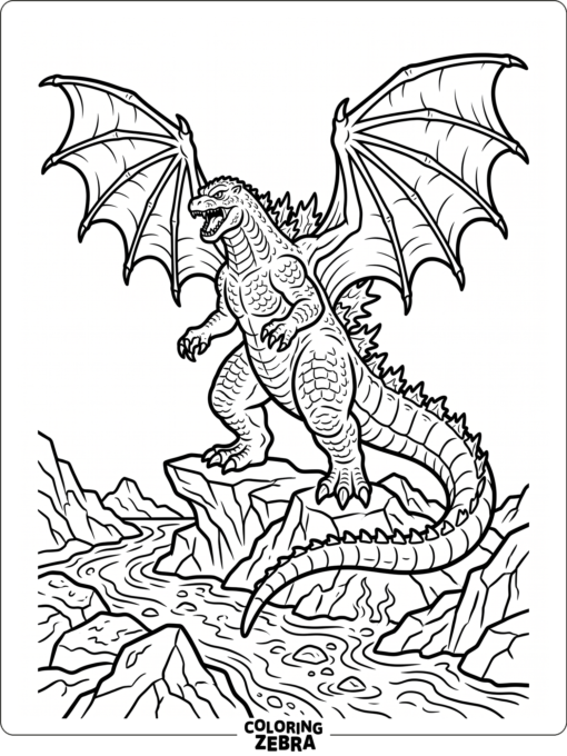 Godzilla with dragon wings stands over lava rocks