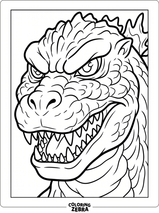 A close view of Godzilla's face with sharp teeth