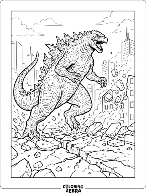 Godzilla lunging forward through shattered pavement