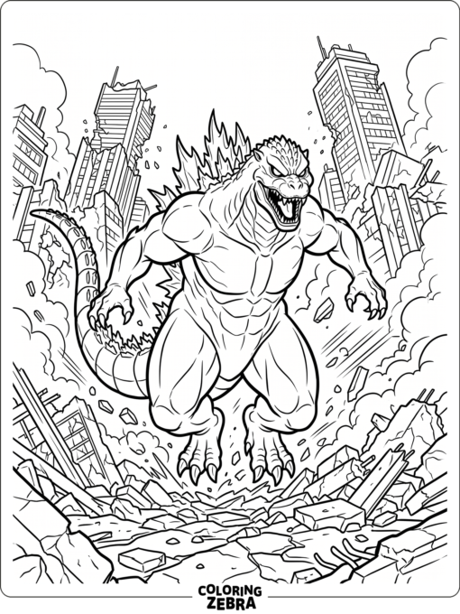 Godzilla charging ahead through city debris