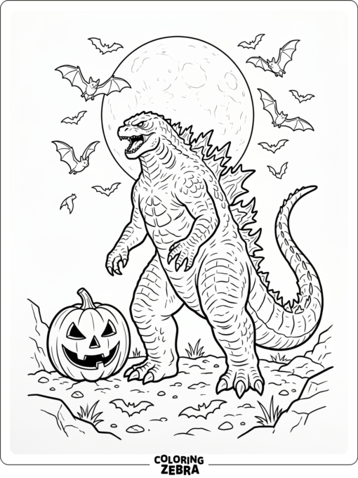Godzilla with a pumpkin and bats under the moon