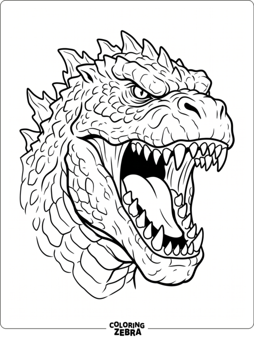 A giant Godzilla head with an open mouth