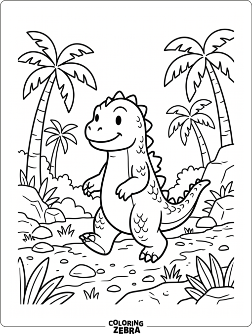 Godzilla Junior walks near palm trees and rocks