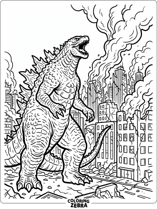 A towering monster roars near broken buildings with bold outlines and open spaces