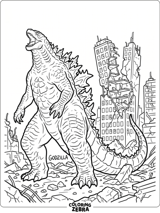 Monsterverse Godzilla roars beside shattered skyscrapers