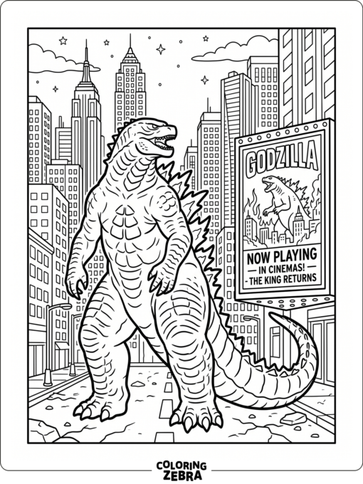 A giant lizard stands by a movie poster and glowing city skyline