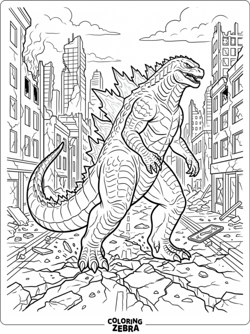 A sleek neo Godzilla stands in a broken city street