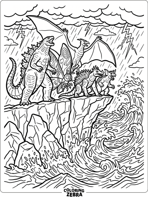 Several giant titans stand together on a rocky cliff