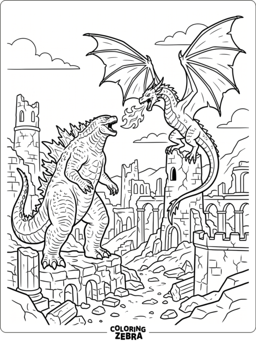 Godzilla faces a dragon with wings spread over ruins