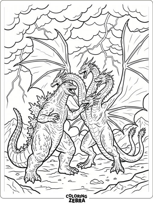 Godzilla fighting King Ghidorah in a storm