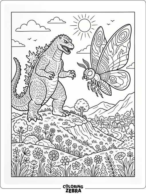 Godzilla and Mothra facing off on a hill