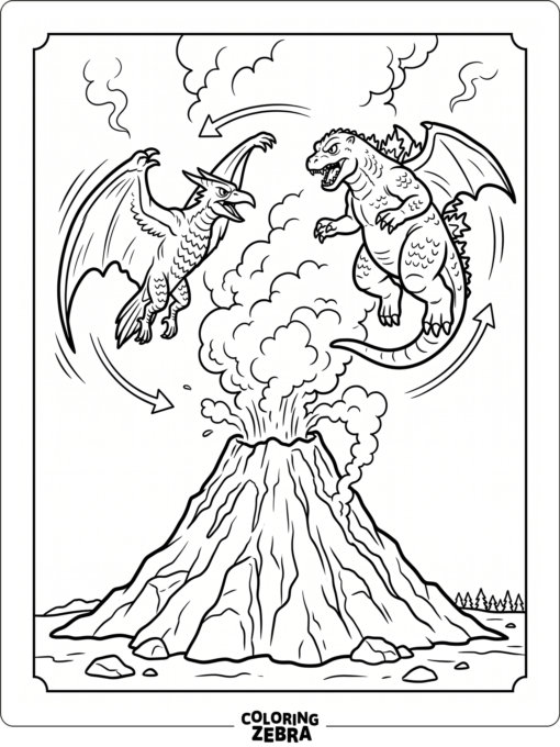 Godzilla and Rodan circle above a smoking volcano