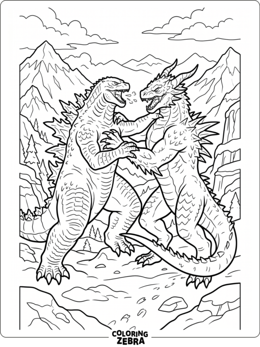 Godzilla and Shimo battling in snowy mountains