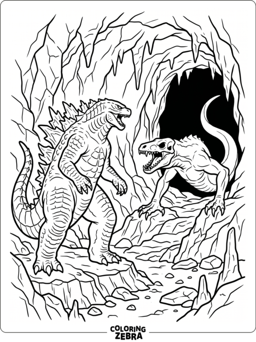 Godzilla confronts a Skullcrawler at a cave entrance