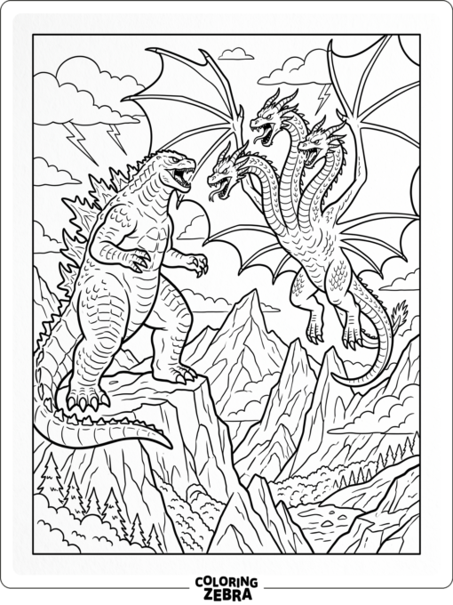 A three-headed dragon with each head turned differently