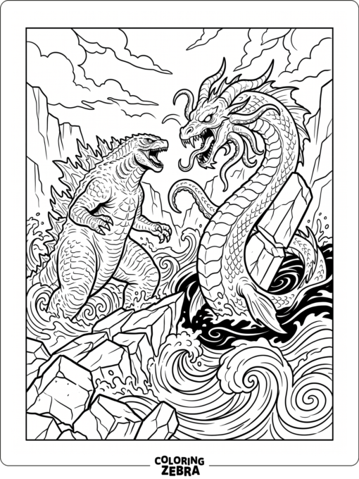 Godzilla fighting Tiamat over rough water