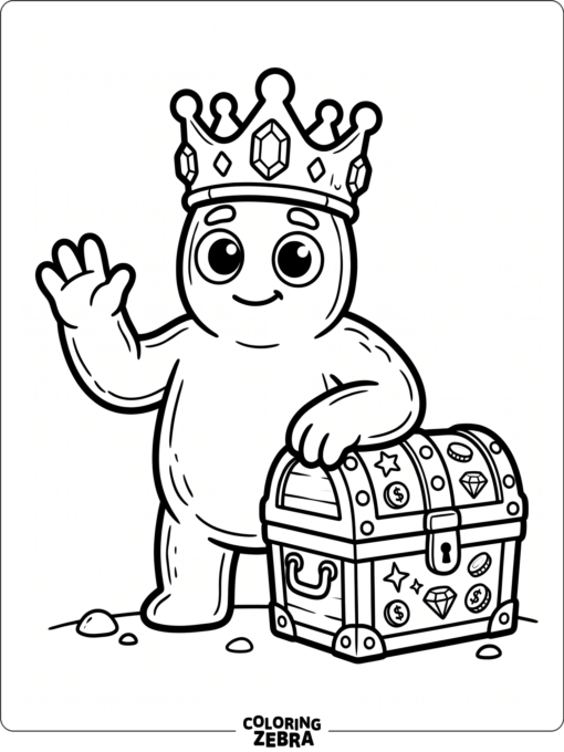 Gold Rainbow Friends character with a crown beside a treasure chest