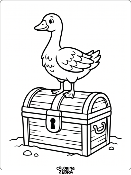 A golden goose standing on a treasure chest