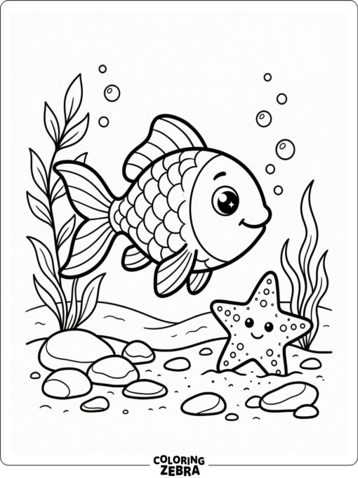 A goldfish beside a starfish on the sea floor