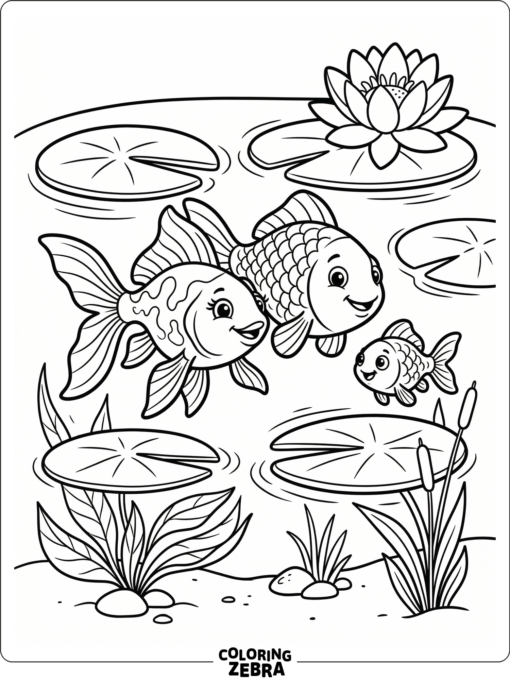 A goldfish family near lily pads
