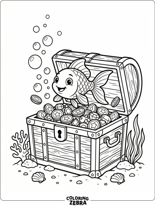 A goldfish peeking from a treasure chest