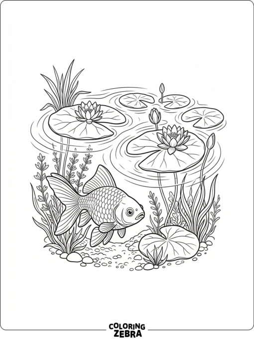 A goldfish in a pond with lily pads