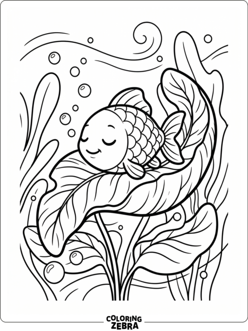 A sleeping goldfish resting on a leaf