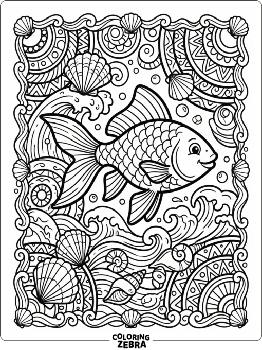 A goldfish surrounded by decorative patterns
