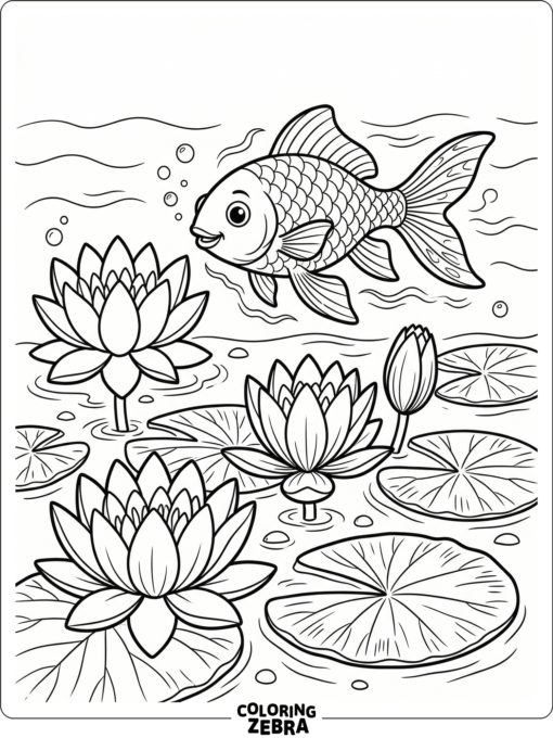 A goldfish swimming near water lilies and lily pads