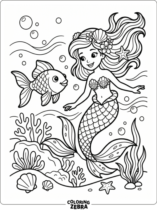 A goldfish swimming next to a mermaid